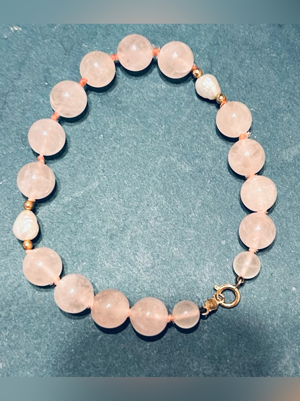 Vintage 14K Gold Rose Quartz and Pearl Beaded Bracelet